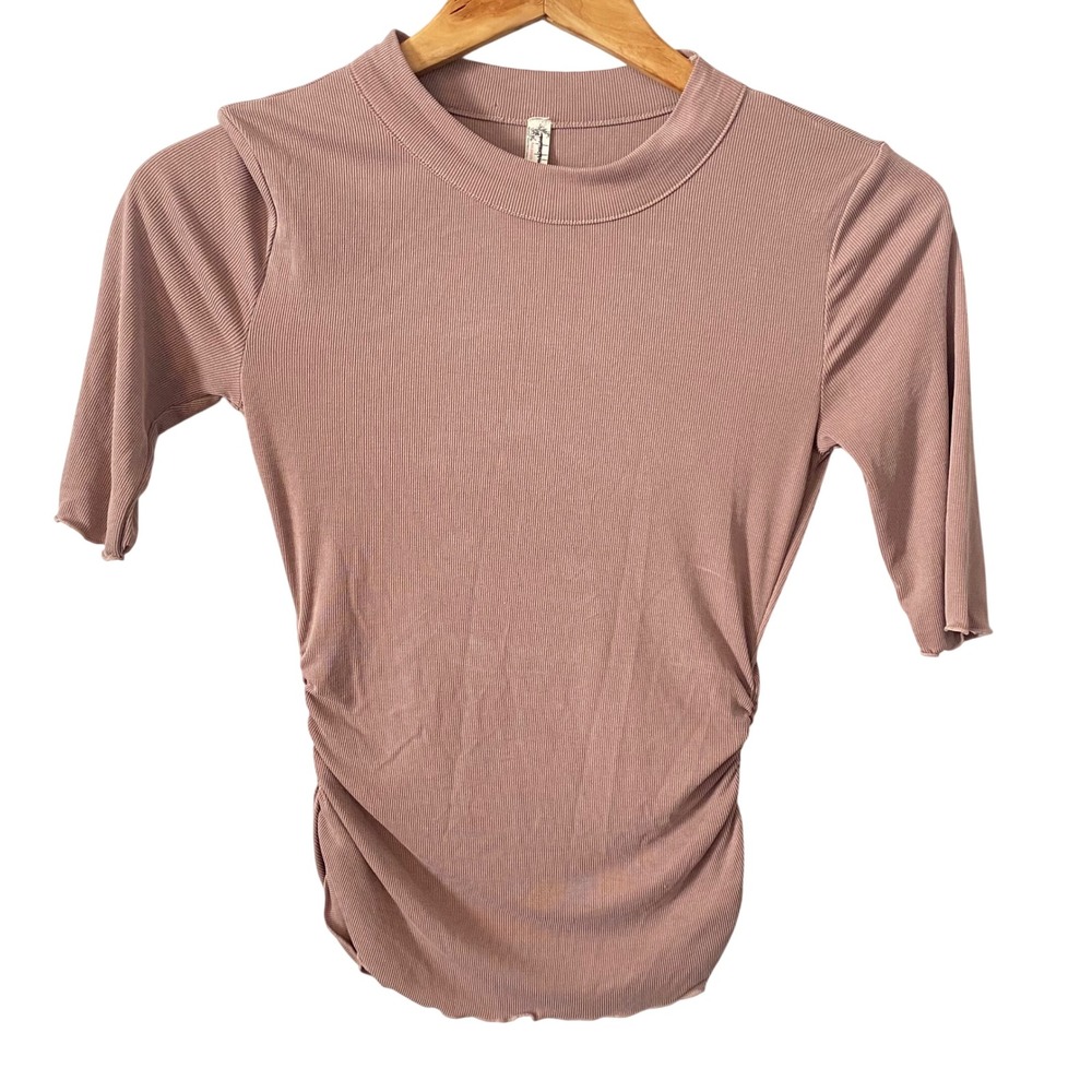 Free People Womens XS‎ Mauve Pink Ribbed Ruched Mock Neck Elbow Sleeve Top
